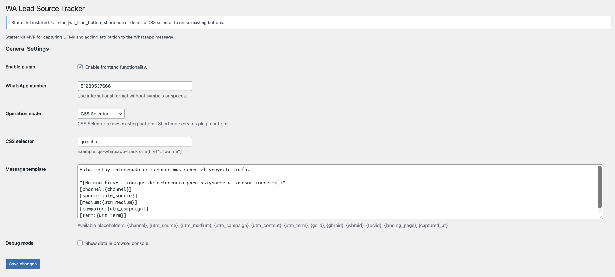 Página de configuración del plugin WA Lead Source Tracker para WordPress